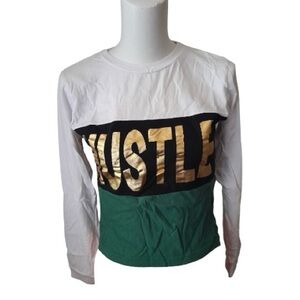 On Fire Graphic Colorblock Crew-Neck Long Sleeve T-Shirt White Black Gold